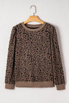 Ribbed Trim Leopard Print Long Sleeve Top Brown