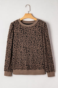 Ribbed Trim Leopard Print Long Sleeve Top Brown