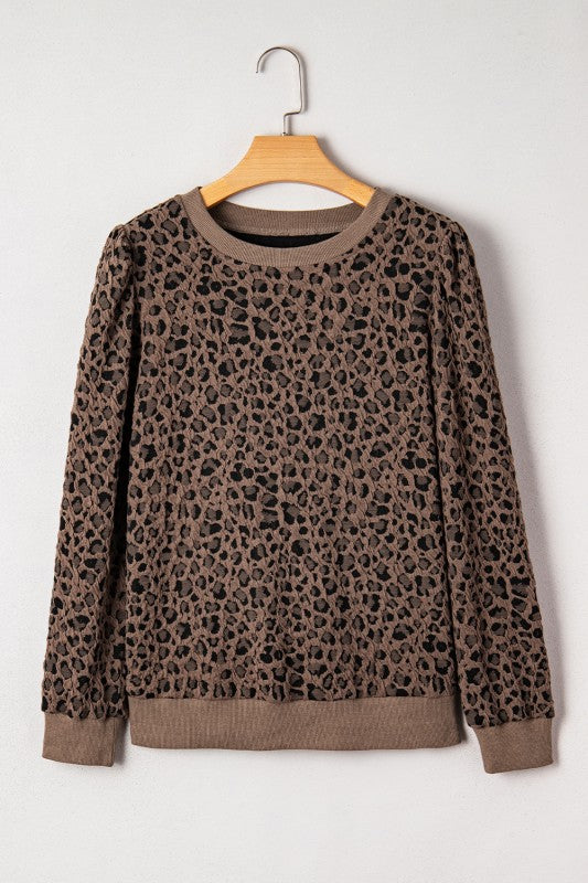 Ribbed Trim Leopard Print Long Sleeve Top Brown