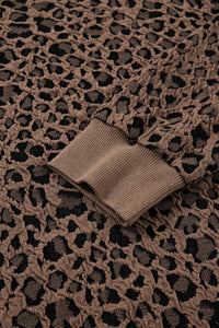 Ribbed Trim Leopard Print Long Sleeve Top Brown