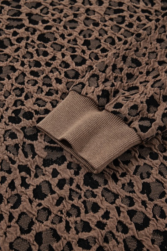 Ribbed Trim Leopard Print Long Sleeve Top Brown