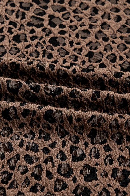 Ribbed Trim Leopard Print Long Sleeve Top Brown