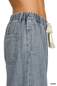Wide Leg Pants W/ Front Tie Cinch Waist Denim