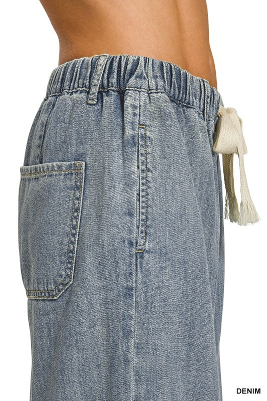 Wide Leg Pants W/ Front Tie Cinch Waist Denim