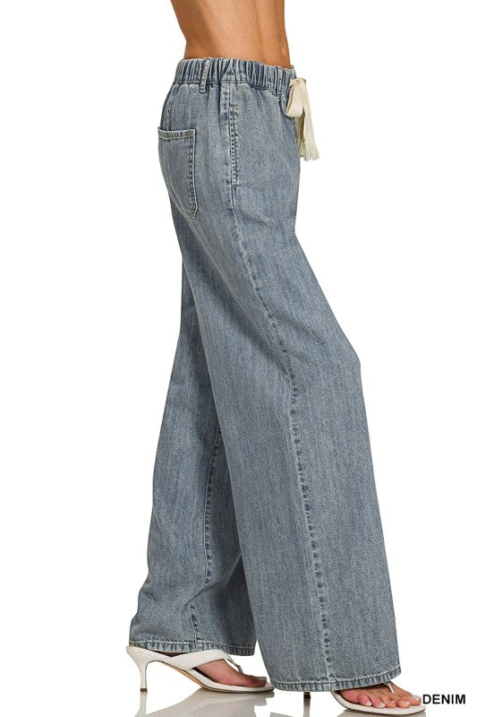 Wide Leg Pants W/ Front Tie Cinch Waist Denim