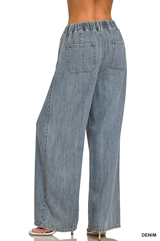 Wide Leg Pants W/ Front Tie Cinch Waist Denim