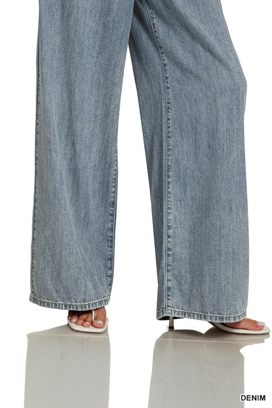 Wide Leg Pants W/ Front Tie Cinch Waist Denim