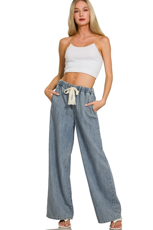 Wide Leg Pants W/ Front Tie Cinch Waist Denim