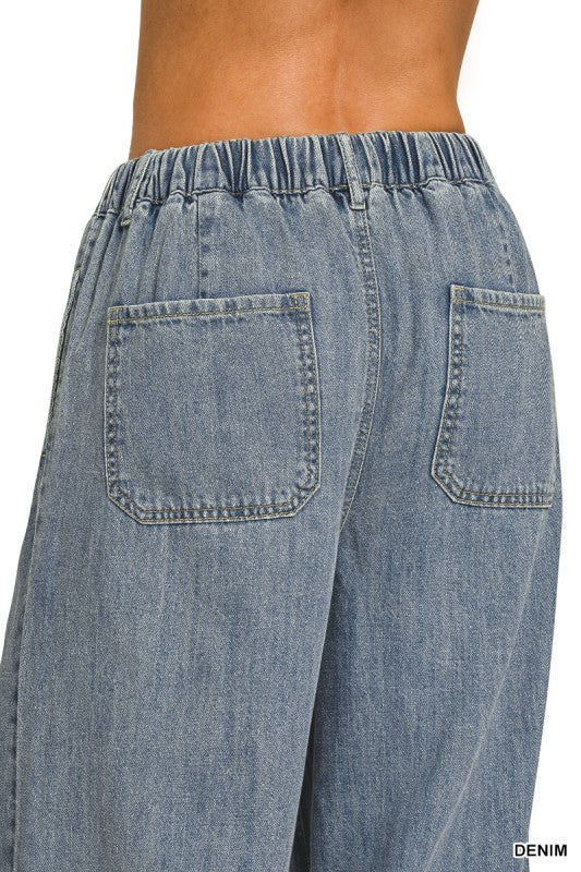 Wide Leg Pants W/ Front Tie Cinch Waist Denim