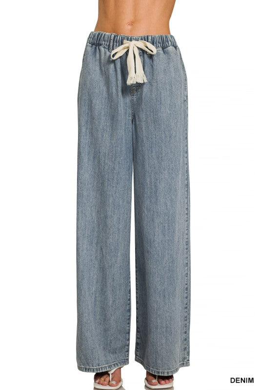 Wide Leg Pants W/ Front Tie Cinch Waist Denim