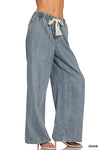 Wide Leg Pants W/ Front Tie Cinch Waist Denim