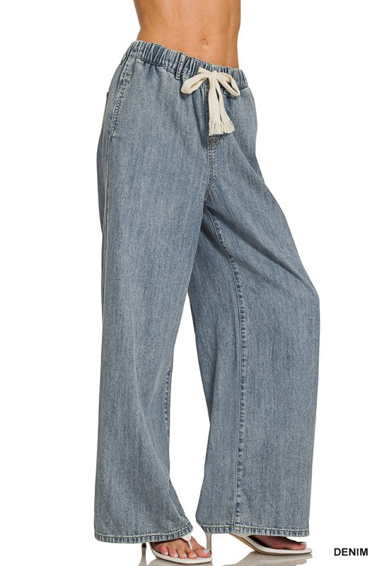 Wide Leg Pants W/ Front Tie Cinch Waist Denim