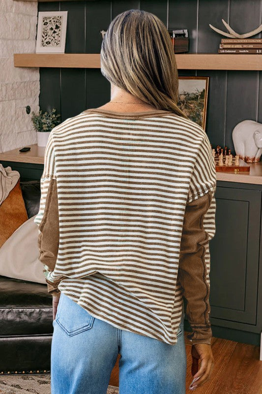 Stripe Thermal Knit Drop Shoulder Casual Top