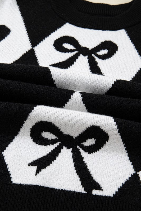 Chunky Diamond Patterned Bow Sweater Black/White