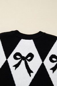 Chunky Diamond Patterned Bow Sweater Black/White
