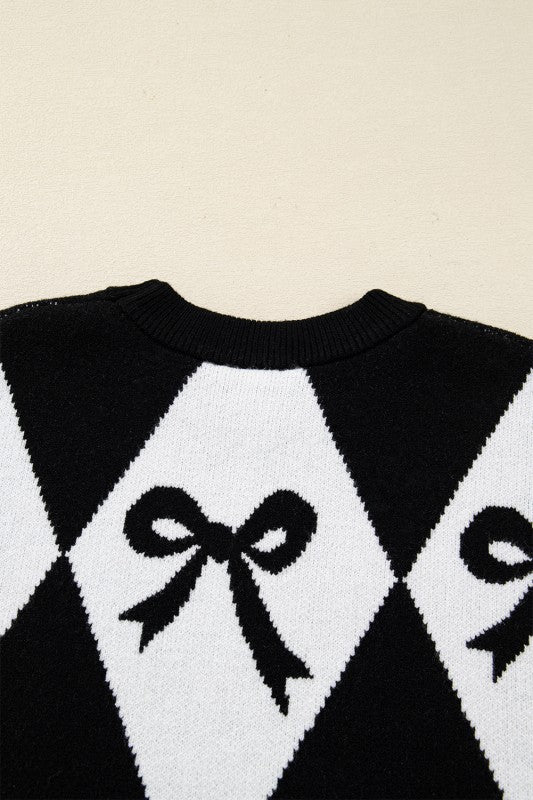 Chunky Diamond Patterned Bow Sweater Black/White