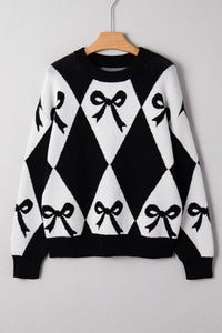 Chunky Diamond Patterned Bow Sweater Black/White