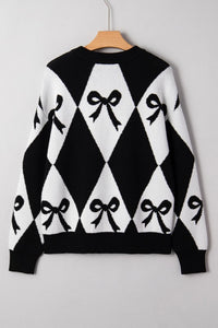 Chunky Diamond Patterned Bow Sweater Black/White