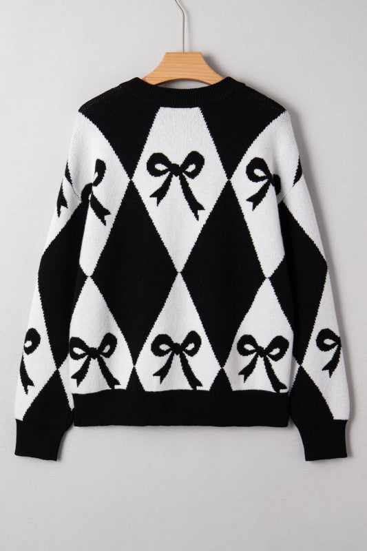 Chunky Diamond Patterned Bow Sweater Black/White