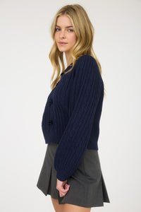 Cable Knit Front Velvet Bow Detail Knit Sweater Navy
