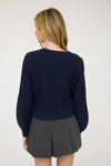 Cable Knit Front Velvet Bow Detail Knit Sweater Navy