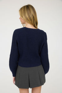 Cable Knit Front Velvet Bow Detail Knit Sweater Navy