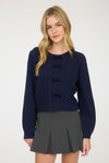 Cable Knit Front Velvet Bow Detail Knit Sweater Navy