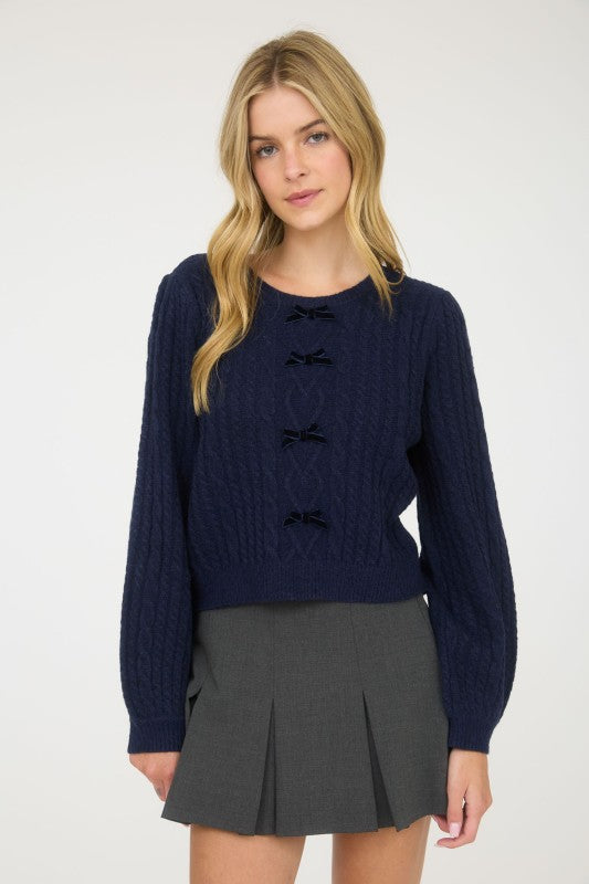 Cable Knit Front Velvet Bow Detail Knit Sweater Navy