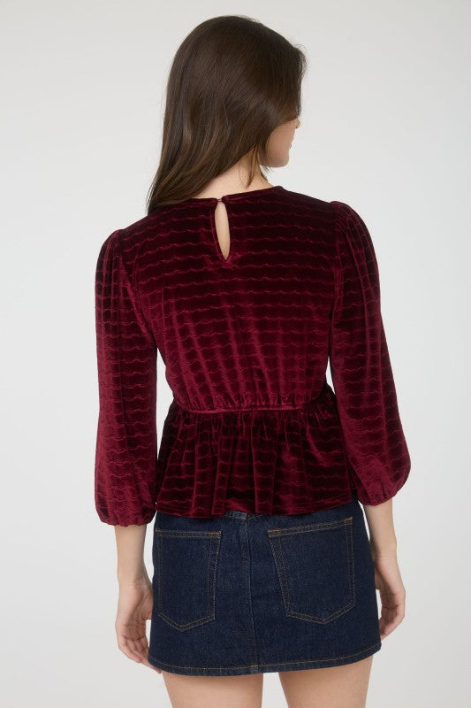 Scallop Velvet Bow Detail 3/4 Sleeve Knit Top