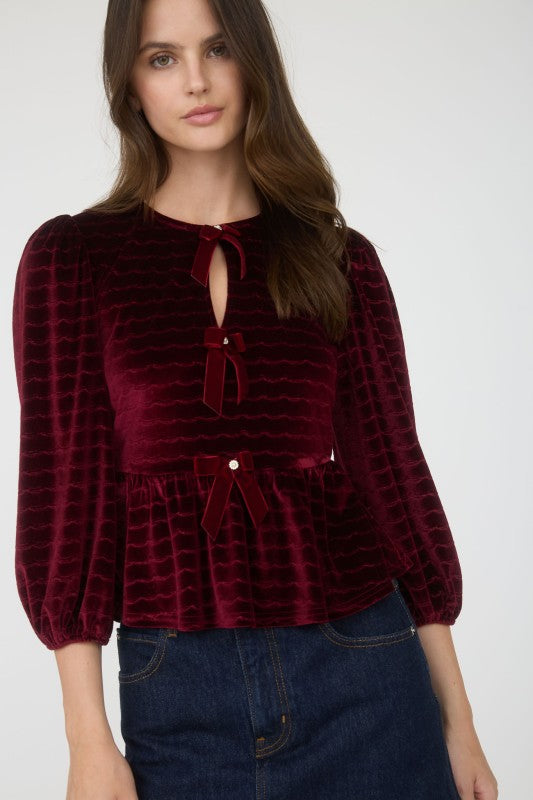 Scallop Velvet Bow Detail 3/4 Sleeve Knit Top