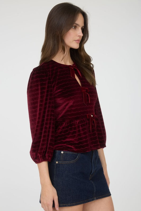 Scallop Velvet Bow Detail 3/4 Sleeve Knit Top