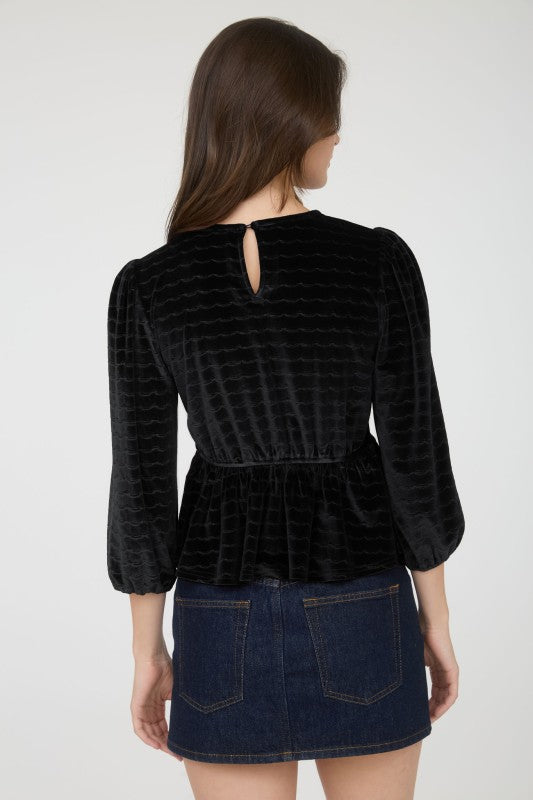 Scallop Velvet Bow Detail 3/4 Sleeve Knit Top