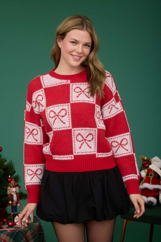 Checkered Bow Jacquard Crewneck Knit Sweater