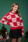 Checkered Bow Jacquard Crewneck Knit Sweater