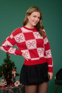 Checkered Bow Jacquard Crewneck Knit Sweater