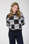 Checkered Bow Jacquard Crewneck Knit Sweater