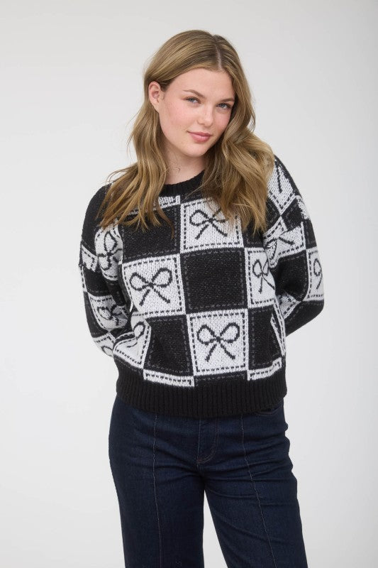 Checkered Bow Jacquard Crewneck Knit Sweater