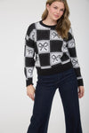 Checkered Bow Jacquard Crewneck Knit Sweater