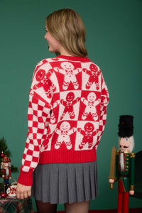 Checkered Gingerbread Jacquard Knit Sweater Red