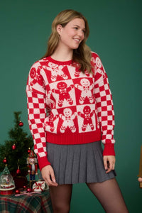 Checkered Gingerbread Jacquard Knit Sweater Red