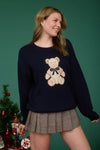 Teddy Jacquard Crewneck Knit Pullover Sweater Navy