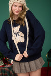 Teddy Jacquard Crewneck Knit Pullover Sweater Navy