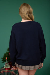 Teddy Jacquard Crewneck Knit Pullover Sweater Navy