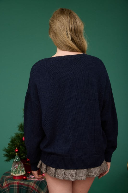 Teddy Jacquard Crewneck Knit Pullover Sweater Navy