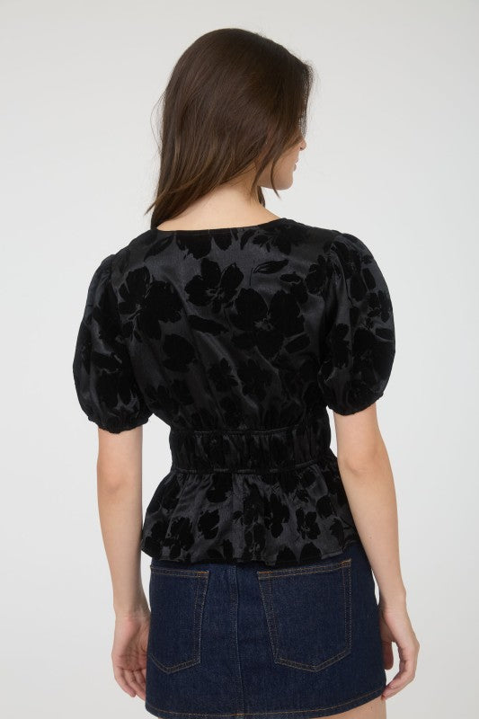 Satin Velvet Floral Front Tie Puff Sleeve Blouse Black