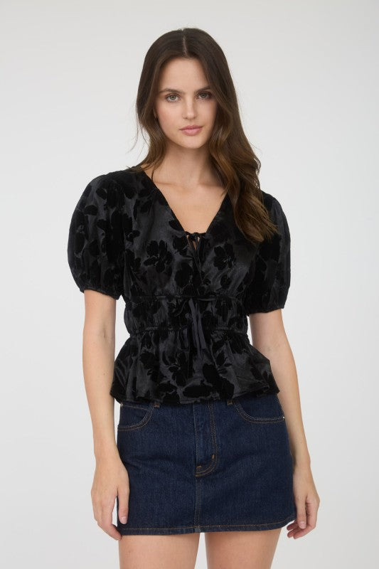 Satin Velvet Floral Front Tie Puff Sleeve Blouse Black