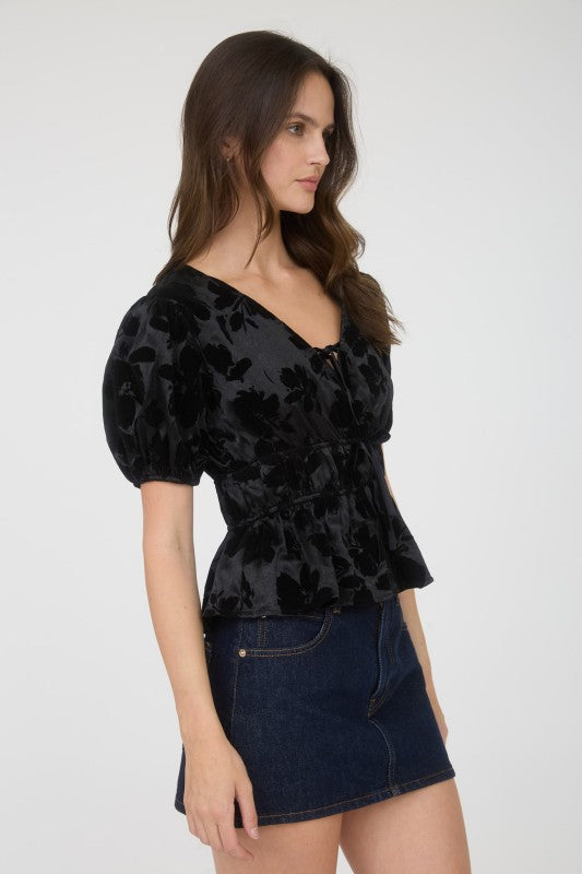 Satin Velvet Floral Front Tie Puff Sleeve Blouse Black