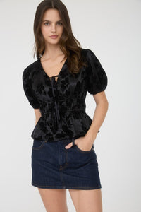 Satin Velvet Floral Front Tie Puff Sleeve Blouse Black
