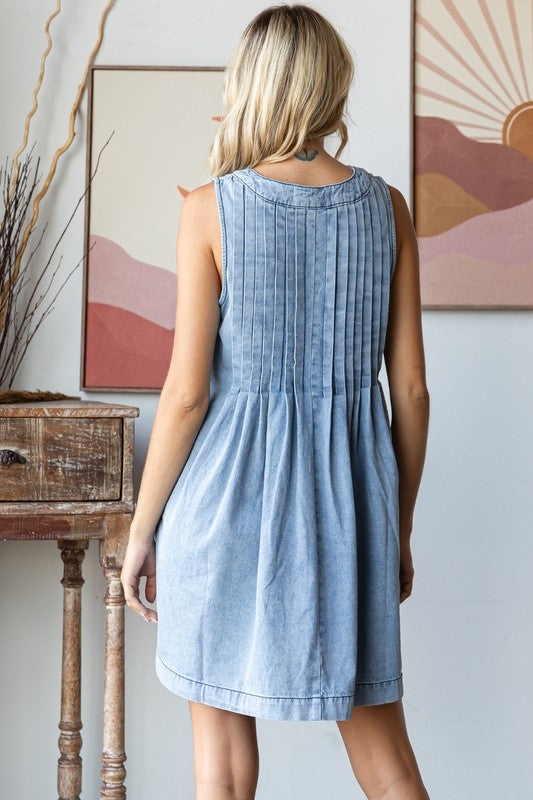 V Neck Sleeveless Light Wash Denim Short Dress