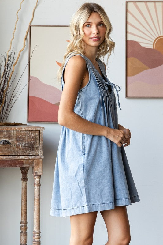V Neck Sleeveless Light Wash Denim Short Dress